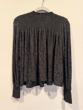 Deletta Anthropologie Black Lace Smocked Mock Neck Blouse Top Small - Like New